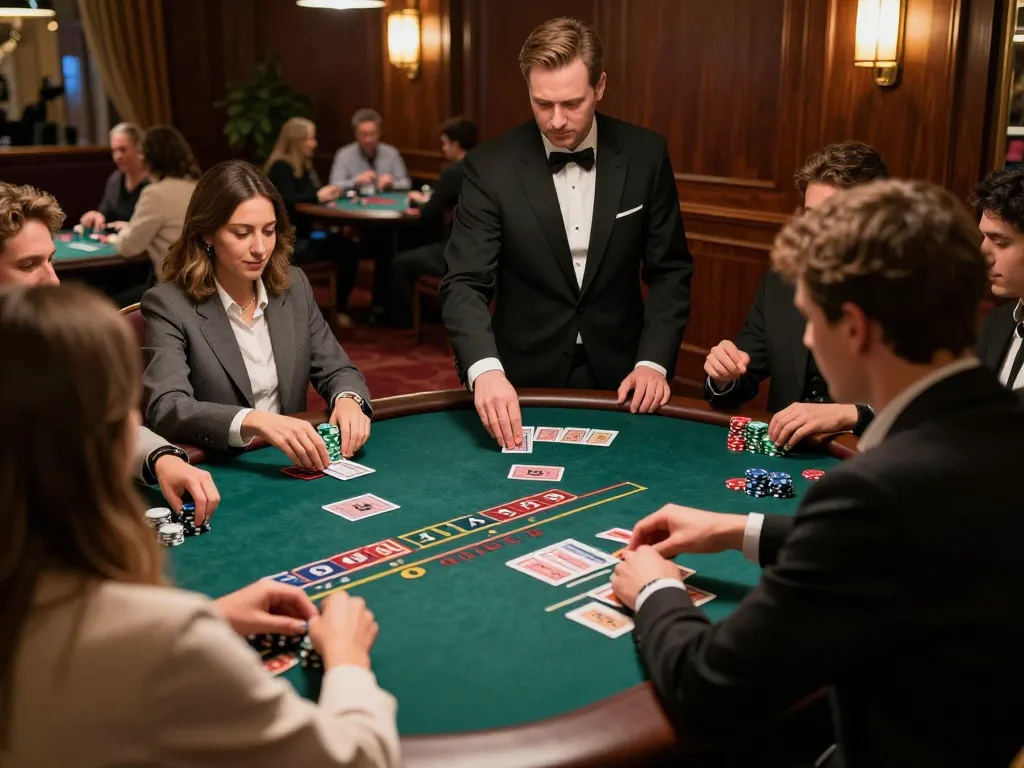 SAY88 players strategizing bets at a stylish blackjack table in a vibrant casino atmosphere.