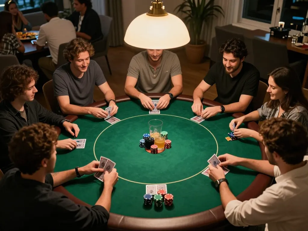 Participants engage in lively poker gameplay at https://7m.us.com/ themed home gathering, showcasing chips and cards.