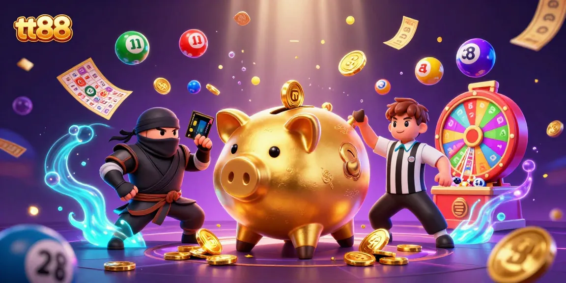 Win big at tt88 with a vibrant 3D illustration of a golden piggy bank sumo wrestler and a wallet-ninja.