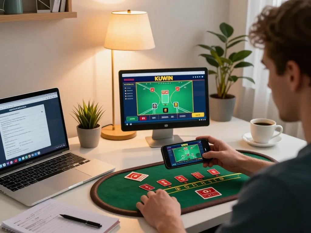 Kuwin app gameplay showcased on smartphone while enjoying a cozy online gambling experience at home