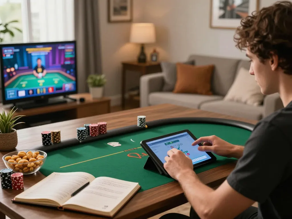 Play poker on N188 com tablet in a cozy home setting with snacks and lapt