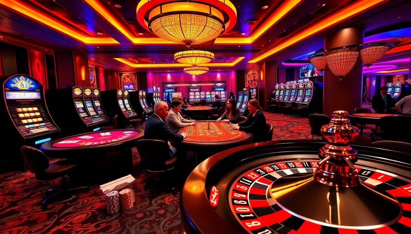 Experience the thrill of gaming with thabett.io in a vibrant casino setting featuring poker tables and roulette.
