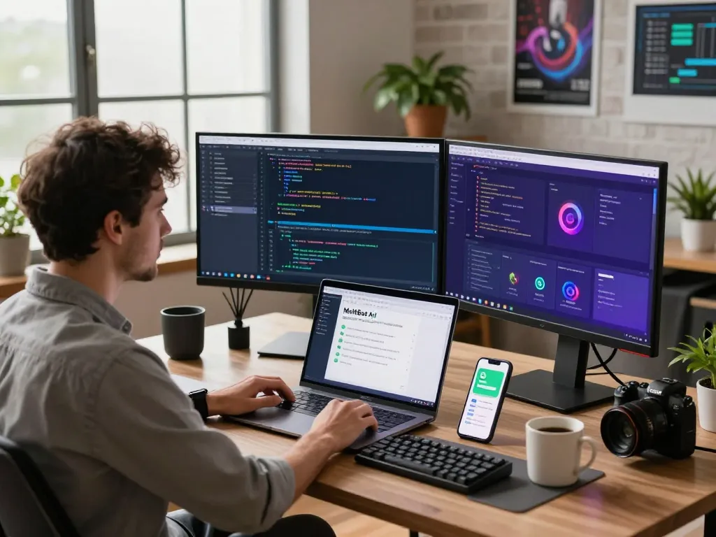 MoltBot AI personal assistant displayed on a developer's workspace, showcasing dual monitors with coding and automation tasks.