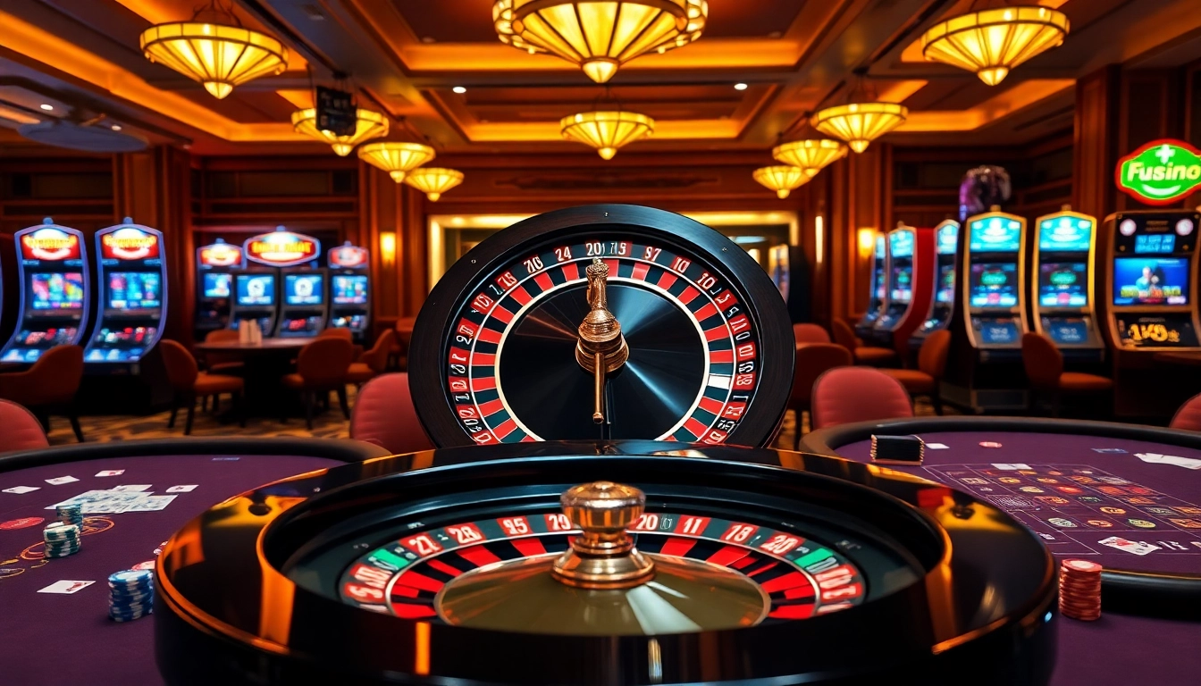 Experience the excitement at Fun88 com with a luxurious casino scene showcasing roulette, blackjack, and more.