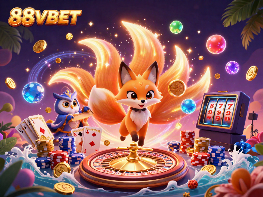 88VBET's vibrant digital illustration showcasing a mystical fox spirit, owl sage and casino elements.