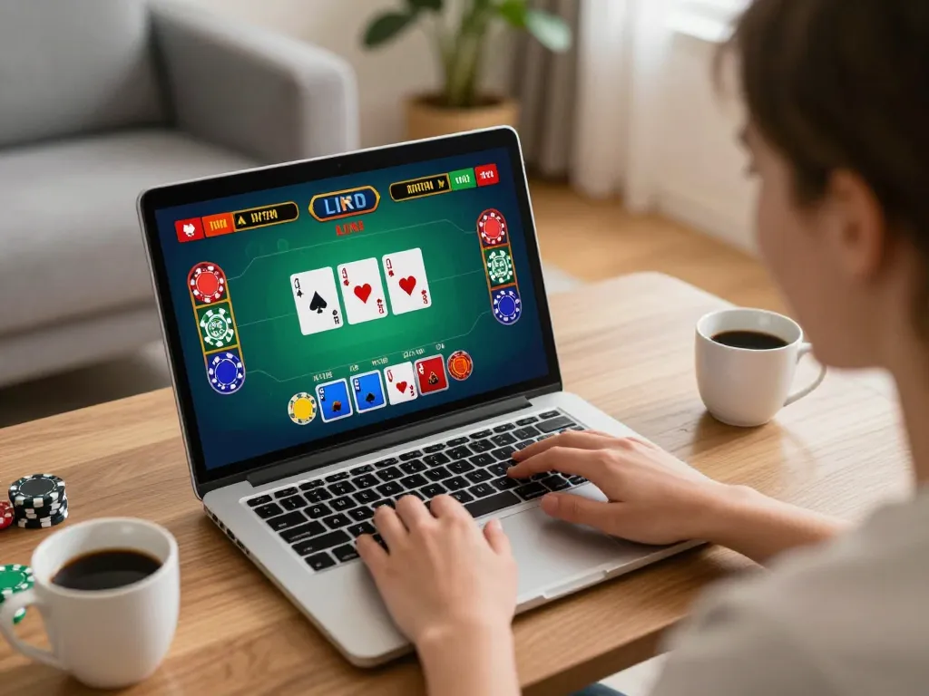 Engaging in online gaming with a live dealer at TOP nhà cái uy tín, showcasing excitement and strategy.