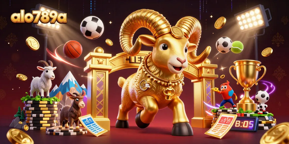 Experience thrilling action and betting excitement with alo789a's dynamic gambling scene featuring a golden ram and sports elements.