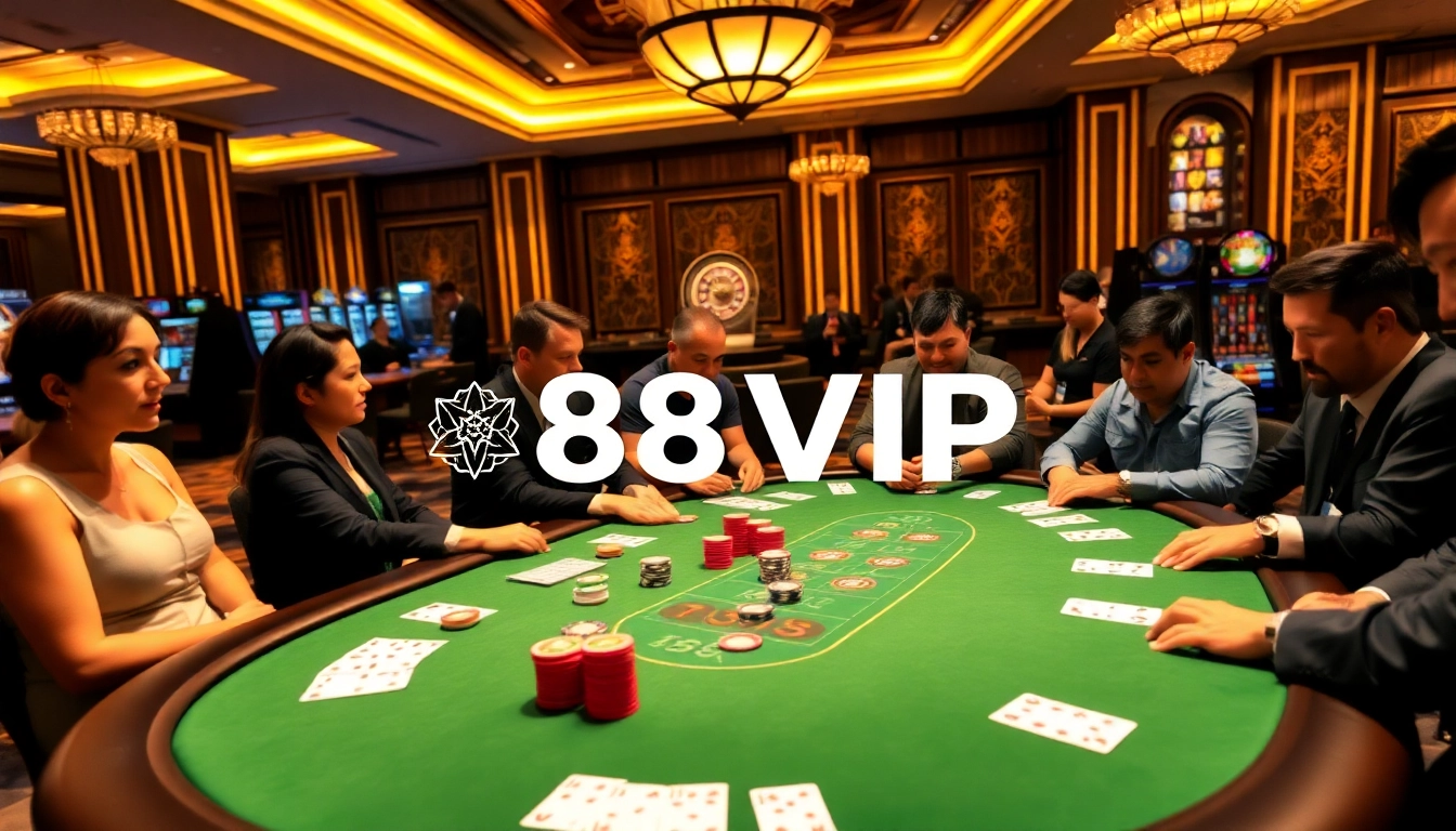 Players strategizing at a poker table with 68VIP branding, surrounded by exciting casino elements.