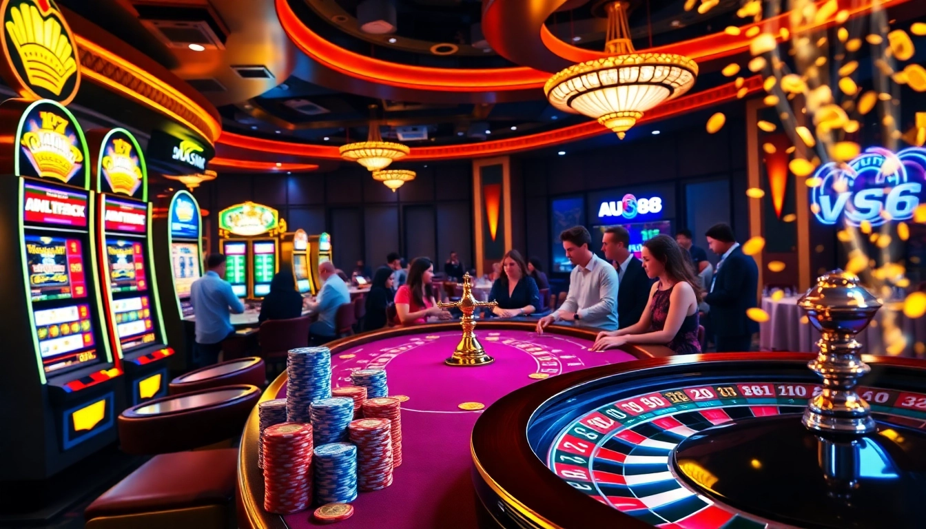 Experience thrilling gaming action at AU88 casino with vibrant tables, chips, and excitement.