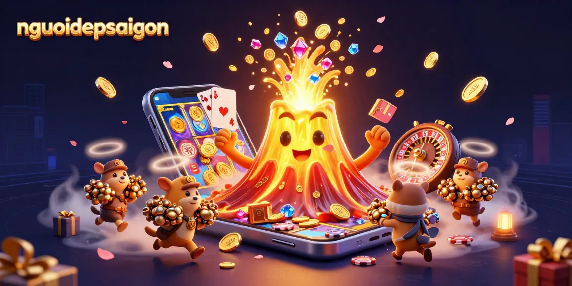 Engage with the vibrant nguoidepsaigon casino scene featuring a golden volcano, treasures, and dynamic gambling elements.