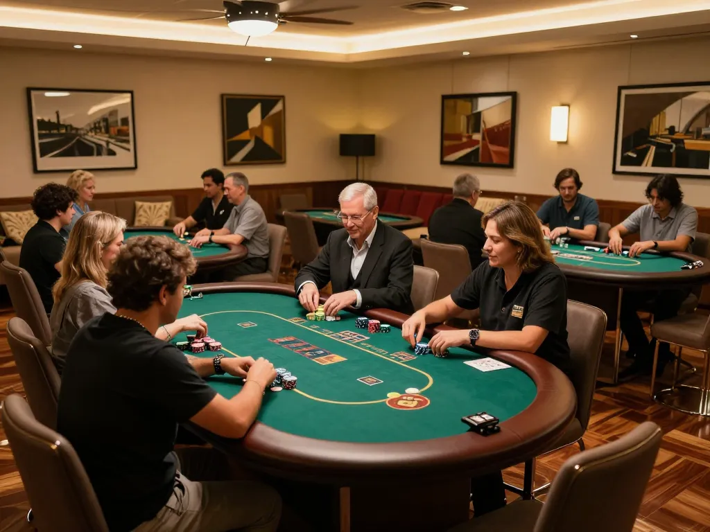 Experience the thrill of gamebaidoithuong8 with players engaged in strategic poker gameplay at a luxury casino.