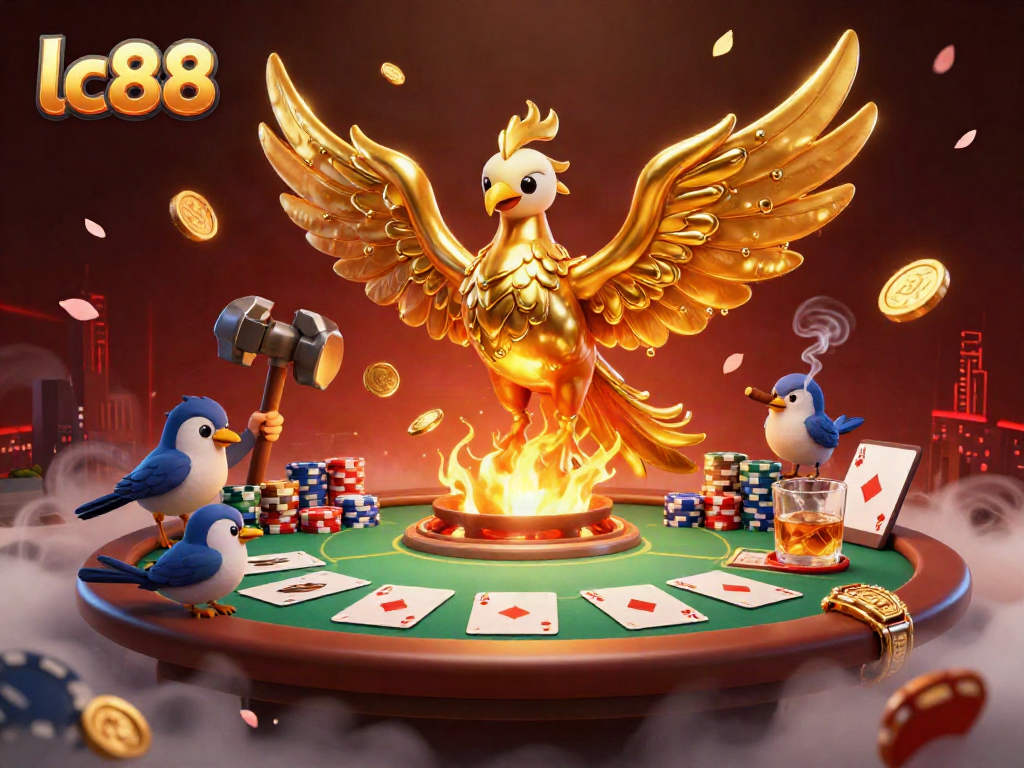 Engage in thrilling gameplay at lc88 with a dynamic 3D illustration of a golden phoenix among poker elements and vibrant casino atmosphere.