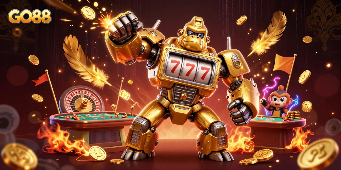 Experience the thrill of GO88 with a dynamic illustration featuring a golden gorilla mech surrounded by live casino elements and exploding coins.