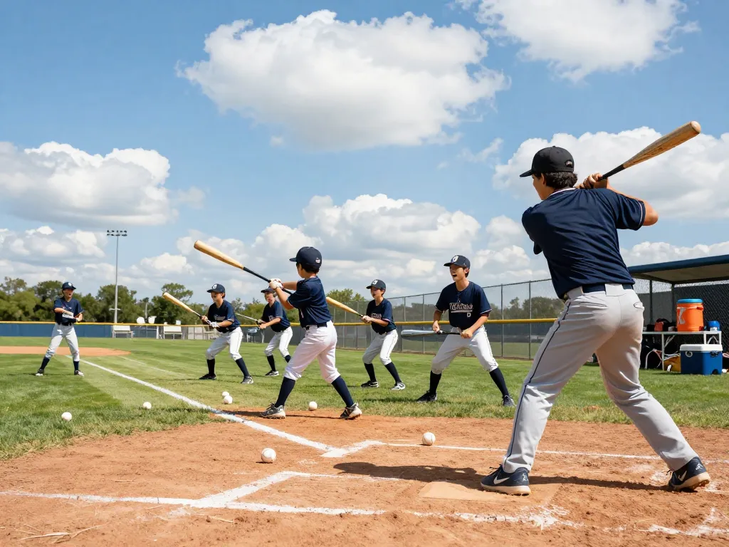 Youth baseball players practicing swings at hitclub training session under clear sky.
