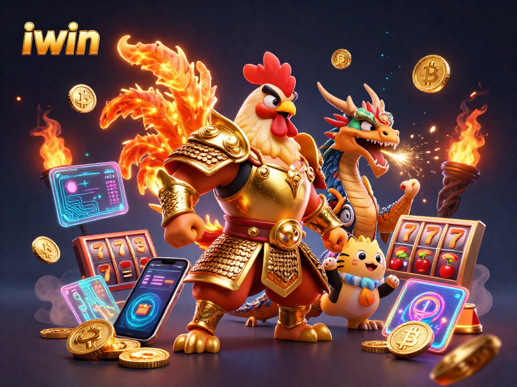 Engage in thrilling gameplay at iwin with a dynamic scene of a samurai rooster and dragon amidst vibrant casino elements.