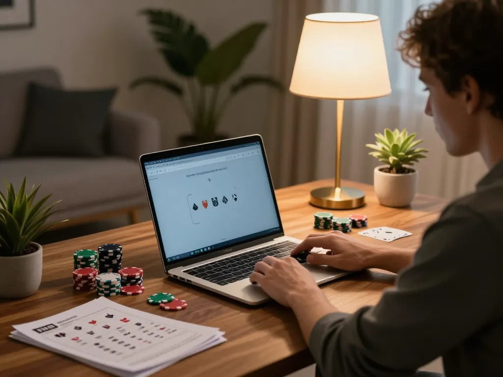 TG88 lừa đảo concerns addressed during a strategic online poker game at home, showcasing engaged player.