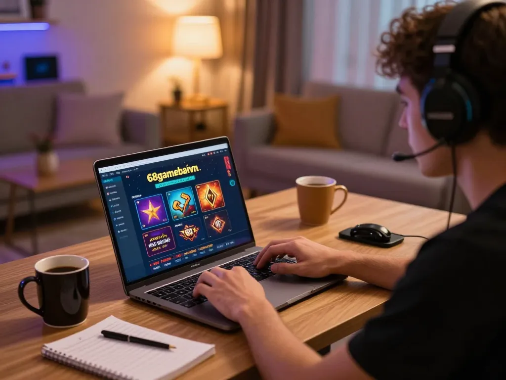 Engaging with 68gamebaivn's online casino interface at a cozy home setup