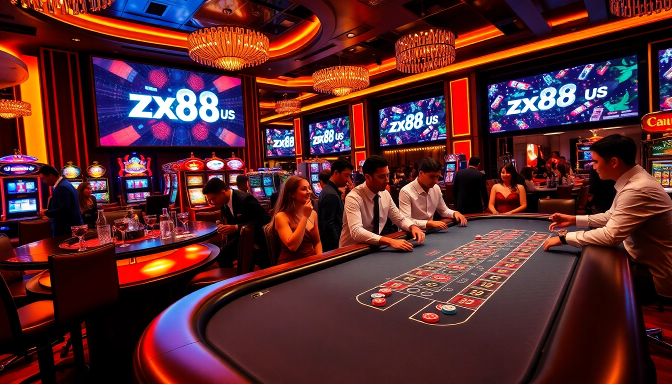 An engaging casino scene illustrating players at zx88 us, with vibrant slots and elegant blackjack tables.