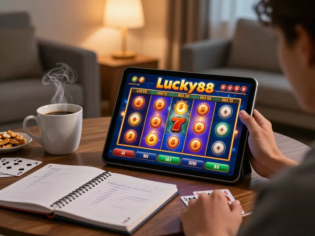 Experience thrilling gameplay with Lucky88 slot on tablet, surrounded by cozy home atmosphere.