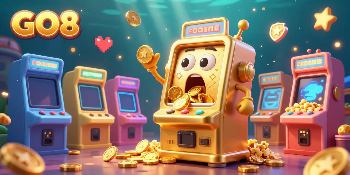 GO8 slot machine hits its jackpot while cheering smaller machines celebrate, creating a vibrant casino atmosphere.
