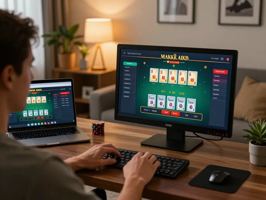 Say88 player engaging in live dealer blackjack at home with strategic insights on display