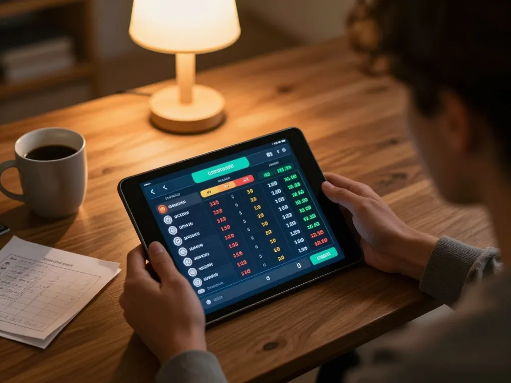 TV88 user placing strategic sports bets on a tablet in a cozy living room