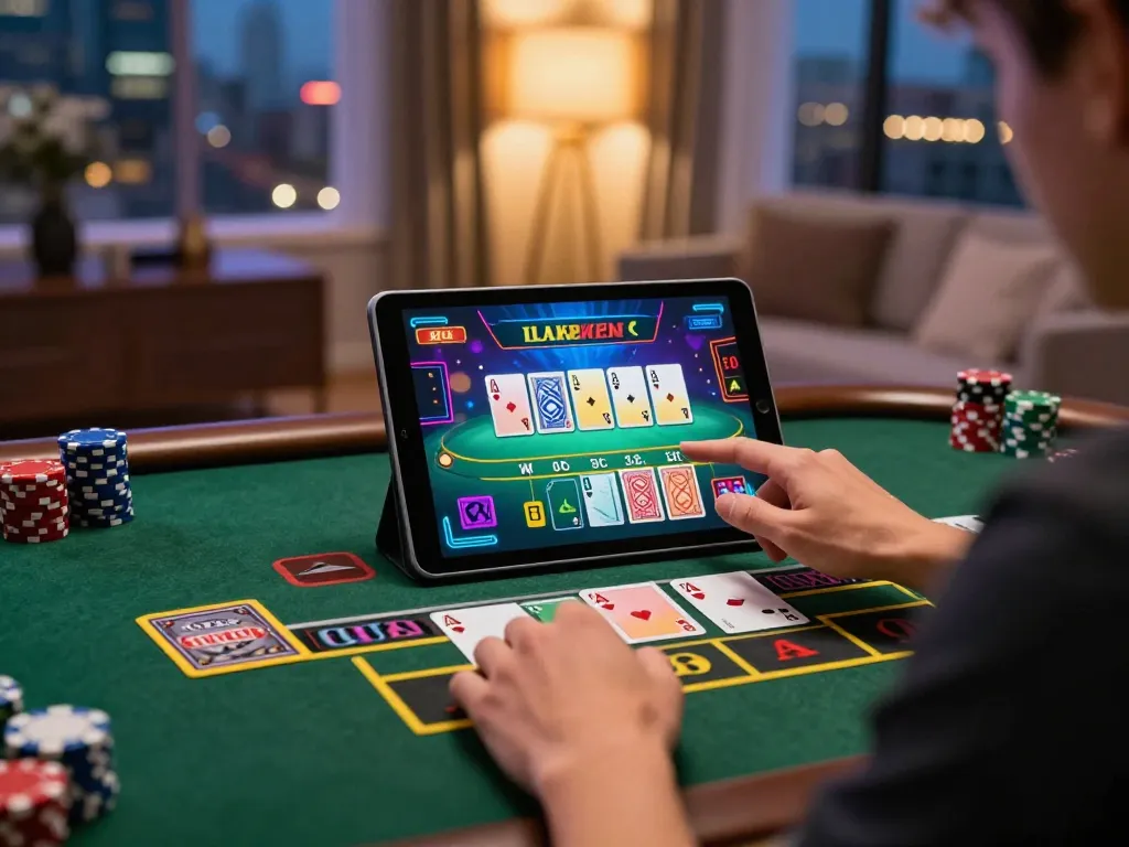 E2bet player strategizing in a modern setup for exciting online baccarat gaming