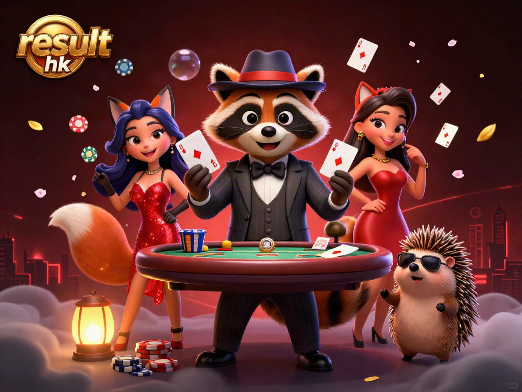 Play poker with result hk in a vibrant 3D scene featuring raccoon, fox, and hedgehog characters.