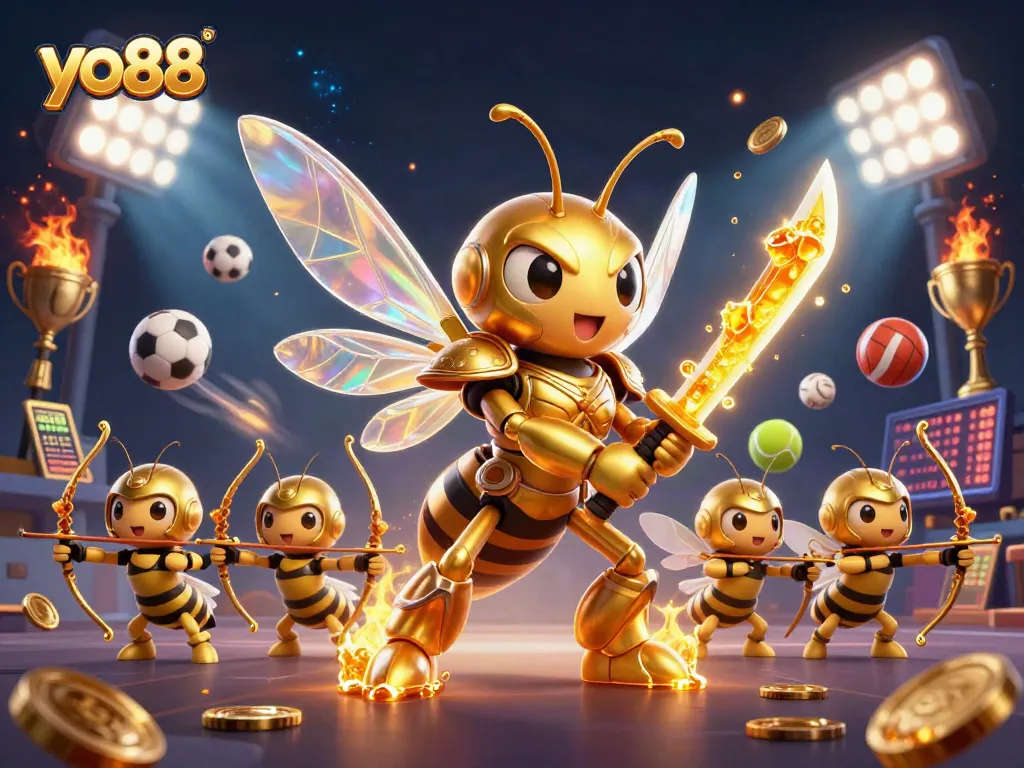 Engage with yo88's thrilling gaming scene featuring golden hornet in samurai armor amidst sports betting excitement
