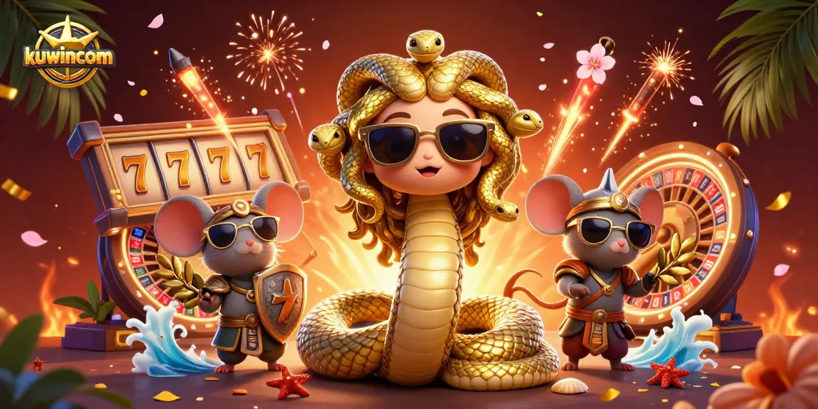 Kuwincom showcases a vibrant 3D illustration with Medusa and a warrior mouse amidst lively slot games.