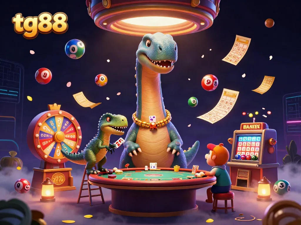 Experience fun and excitement with tg88's dynamic casino scene featuring a towering brontosaurus.
