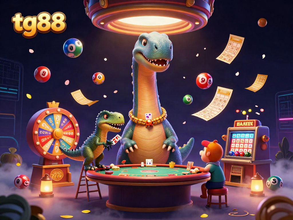 Experience fun and excitement with tg88's dynamic casino scene featuring a towering brontosaurus.