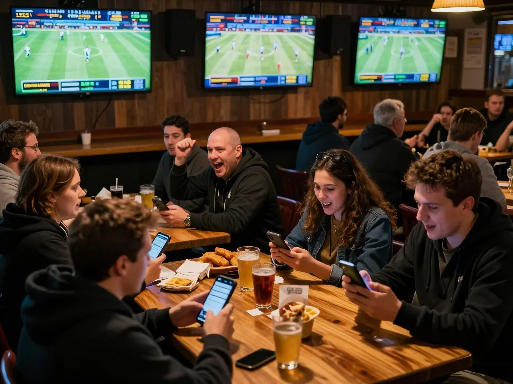 Engaged patrons using kkwin2 app for live sports betting at a lively bar.