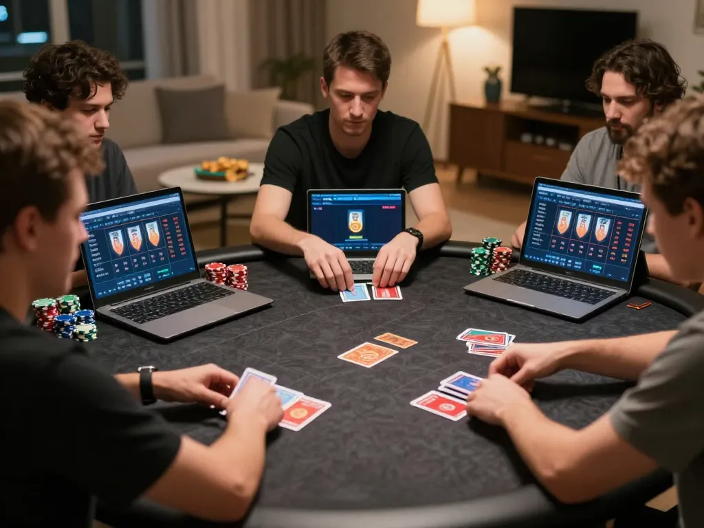 U888 players engaged in an online poker game, strategizing their bets in a cozy home setting.