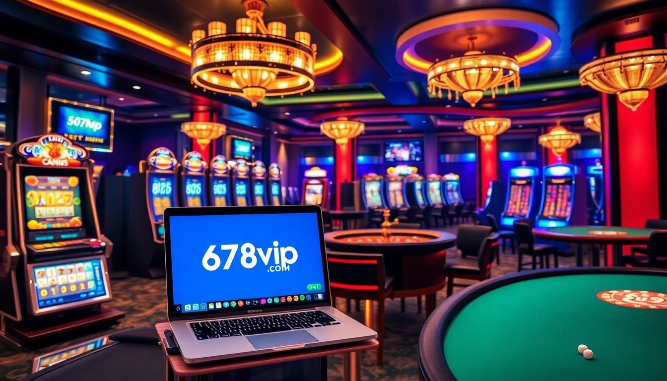 Exciting gaming scene at 678vip.com featuring slot machines and roulette table.