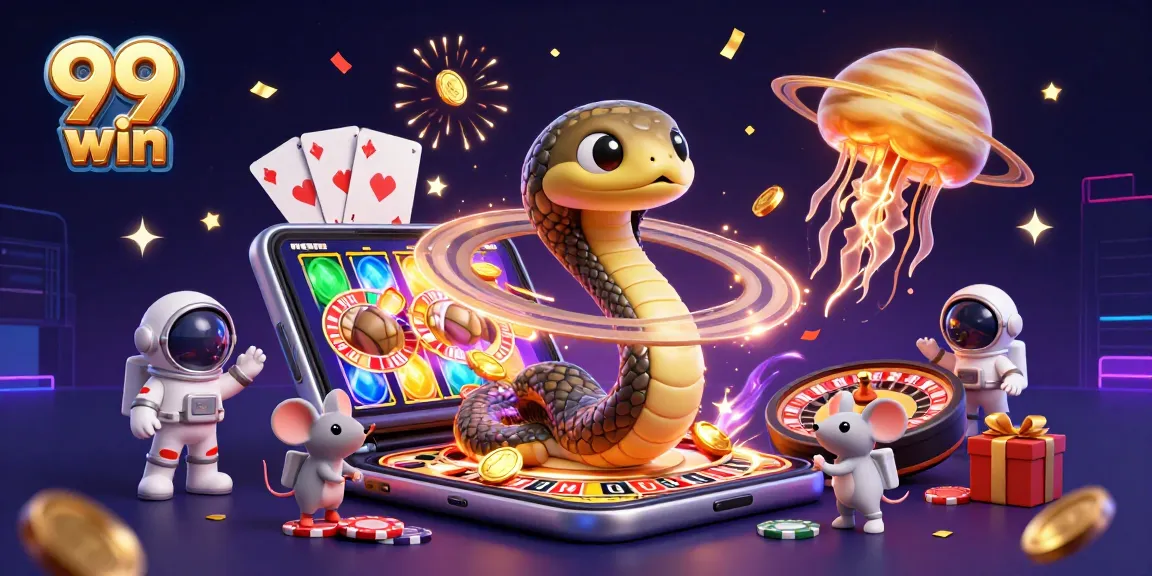 Experience the excitement of 99 win with cartoon characters playing and betting in a vibrant casino scene.
