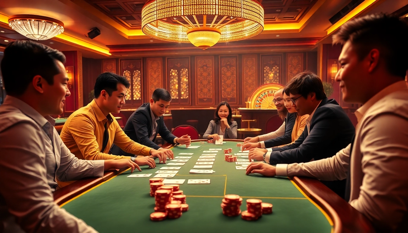 Experience the excitement of trực tiếp luongson at a luxury poker game table with players.