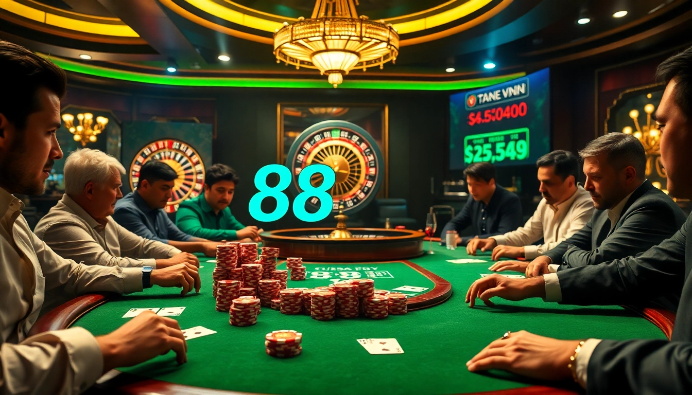 Intense poker action at a casino table showing 888vnd betting excitement.