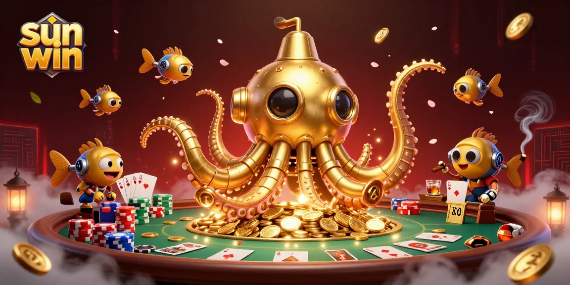 sun win showcases an exciting golden kraken submarine surfing golden coins at a vibrant poker scene