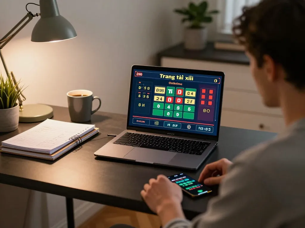 Engaging in Trang tài xỉu online at home, focusing on strategic betting decisions with a laptop.