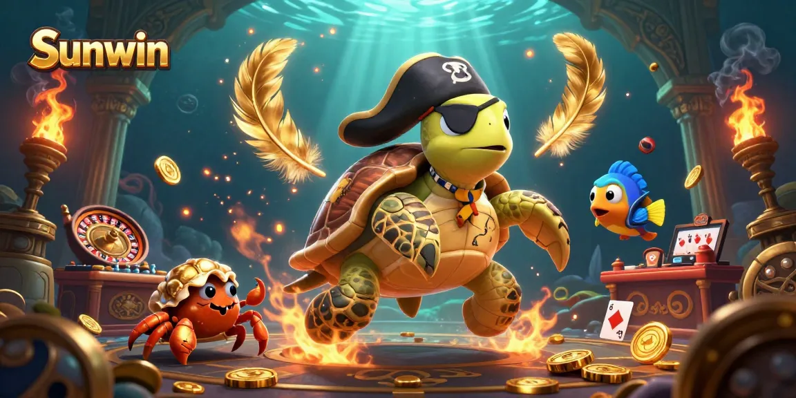 Experience the thrilling games at Sunwin with an exciting 3D illustration of a pirate turtle and friends enjoying casino fun.