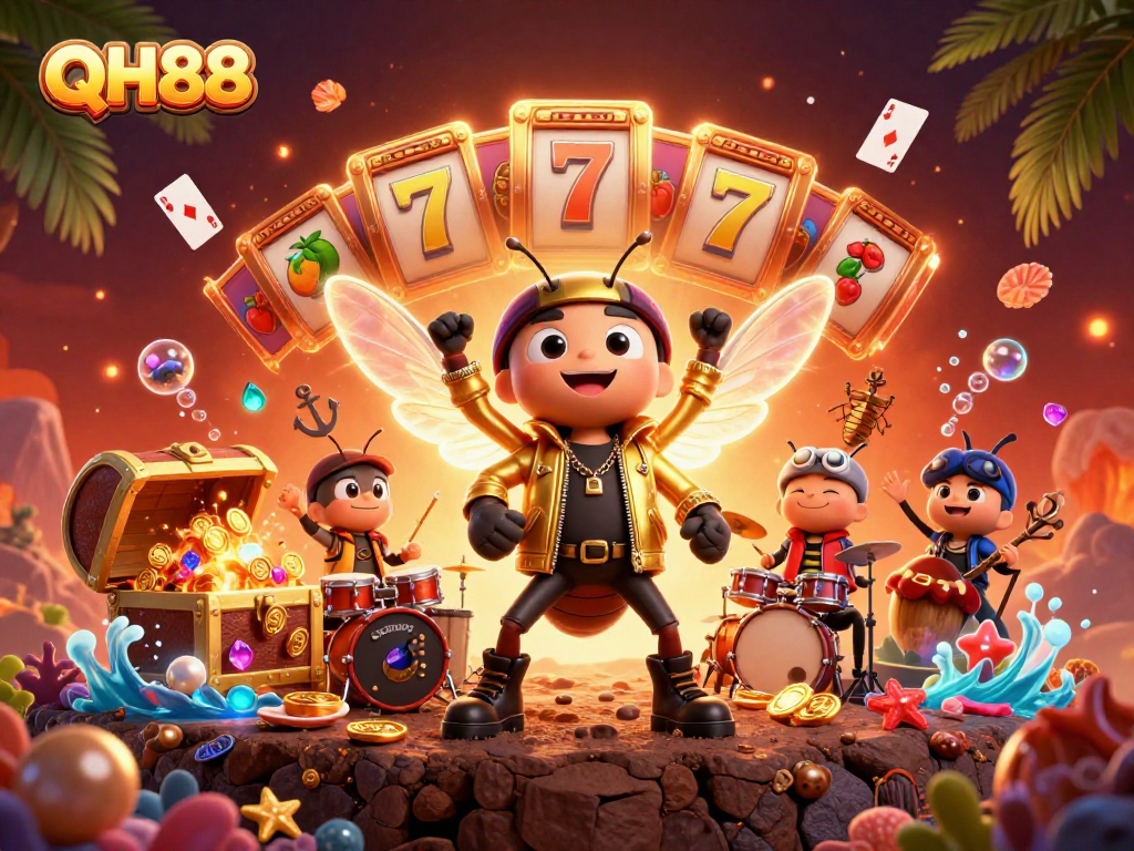 Experience the excitement of QH88 with a vibrant scene of a cicada rock star amid slot reels and gold coins.