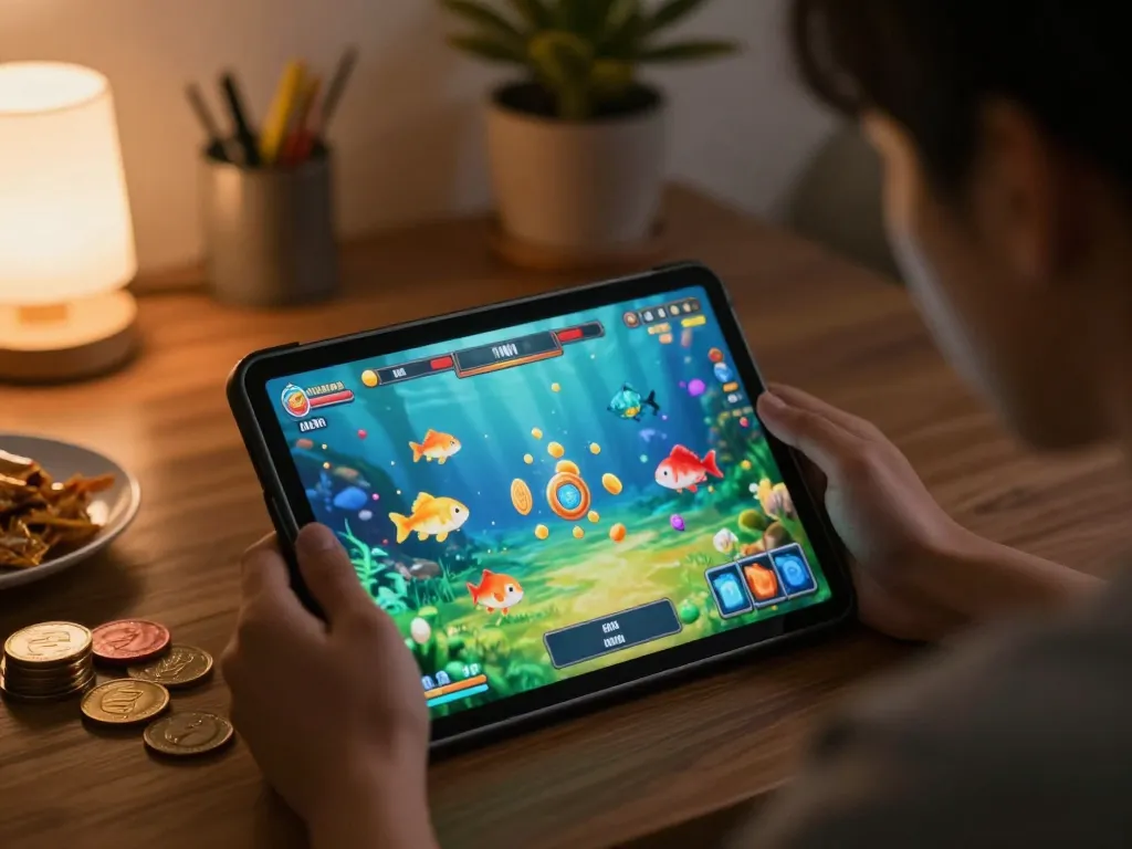 Bắn cá đổi thưởng - Engaging player enjoying vibrant underwater graphics on a gaming tablet