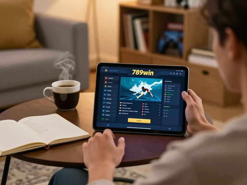 Engaging with 789win surf on a tablet in a cozy home gaming atmosphere.