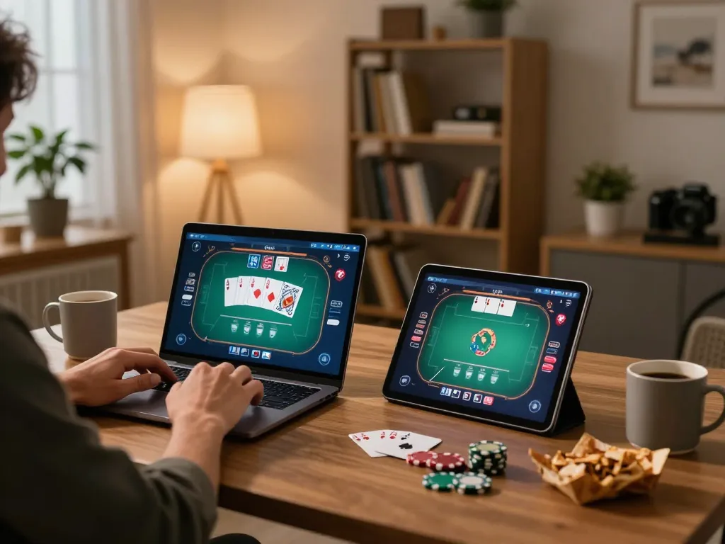 Engaging in online gaming at TX88 with a laptop and tablet, showcasing modern gaming setup