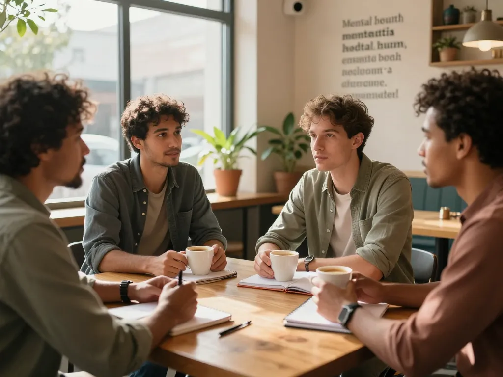 Men engaged in heartfelt conversation at a community cafe, emphasizing support and understanding through the manclub movement.