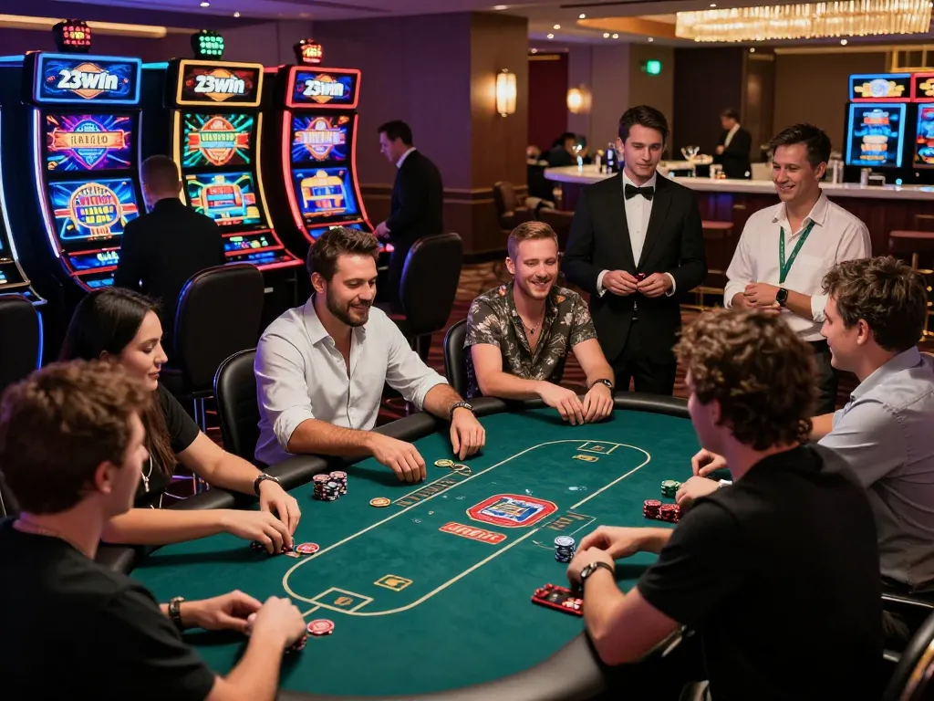 Exciting gaming scene with players enjoying table games at 23win casino, showcasing diverse atmosphere and lively interactions.
