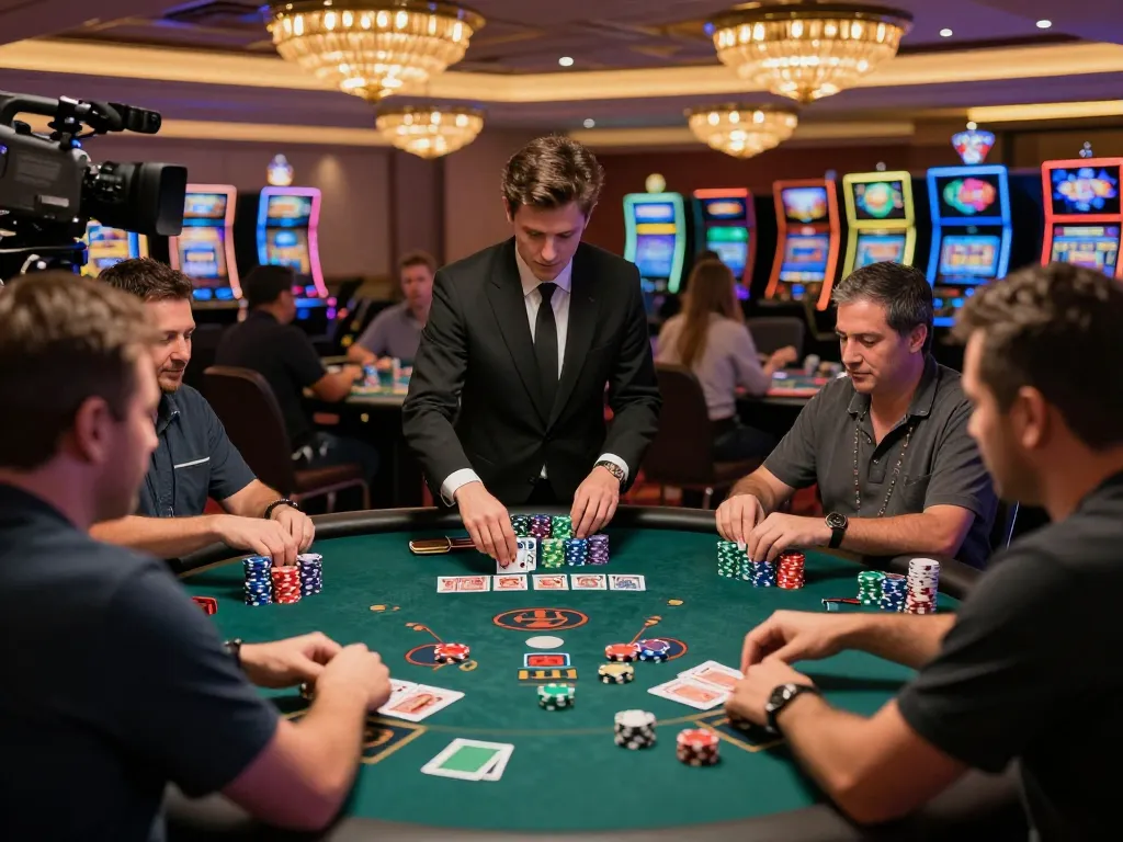 MM88 blackjack table scene with focused players and dealer in upscale casino ambiance