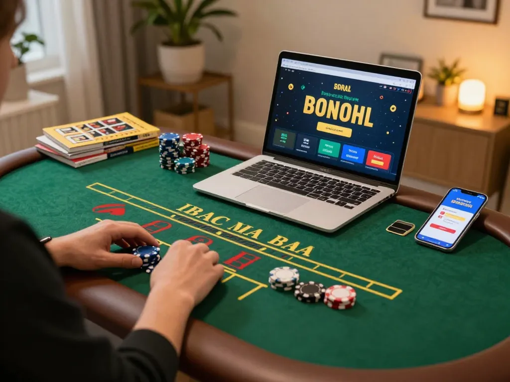 ENGAGE WITH AU 88 Live dealer Baccarat setup at home, showcasing a player focused on winning strategies and interactive gameplay.