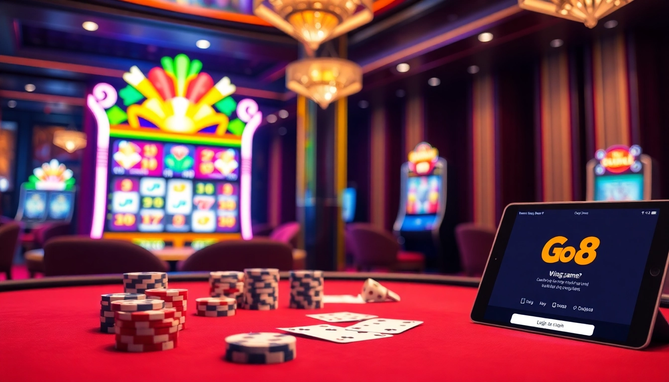 Cổng game Go8 thrilling atmosphere with poker and slot games captures excitement.